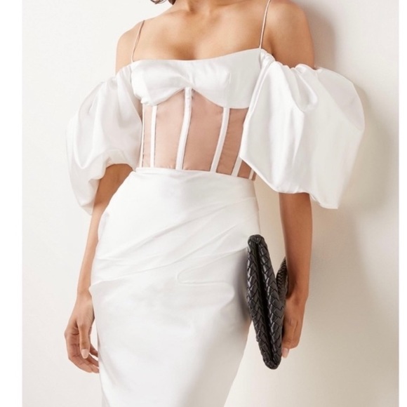 Rasario | Dresses | Nwt Rasario Bridal Draped Offtheshoulder Satin  Antoinette Corset Midi Dress 6 | Poshmark